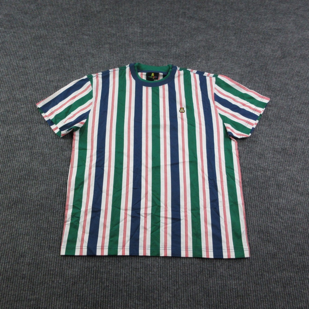 Teddy Fresh Shirt Mens L Multicolor Striped Crew Neck Teddy Bear Patch NWT